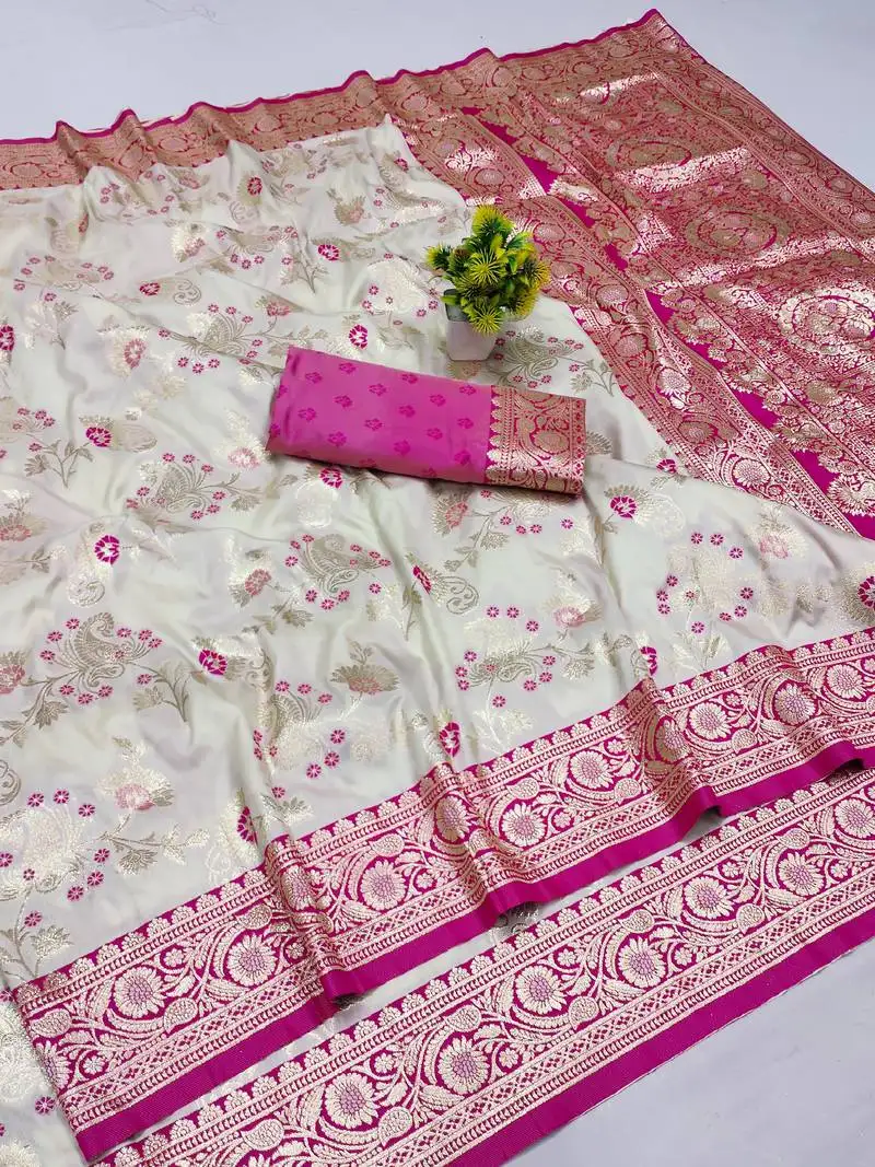 Cream banarasi art silk saree with blouse