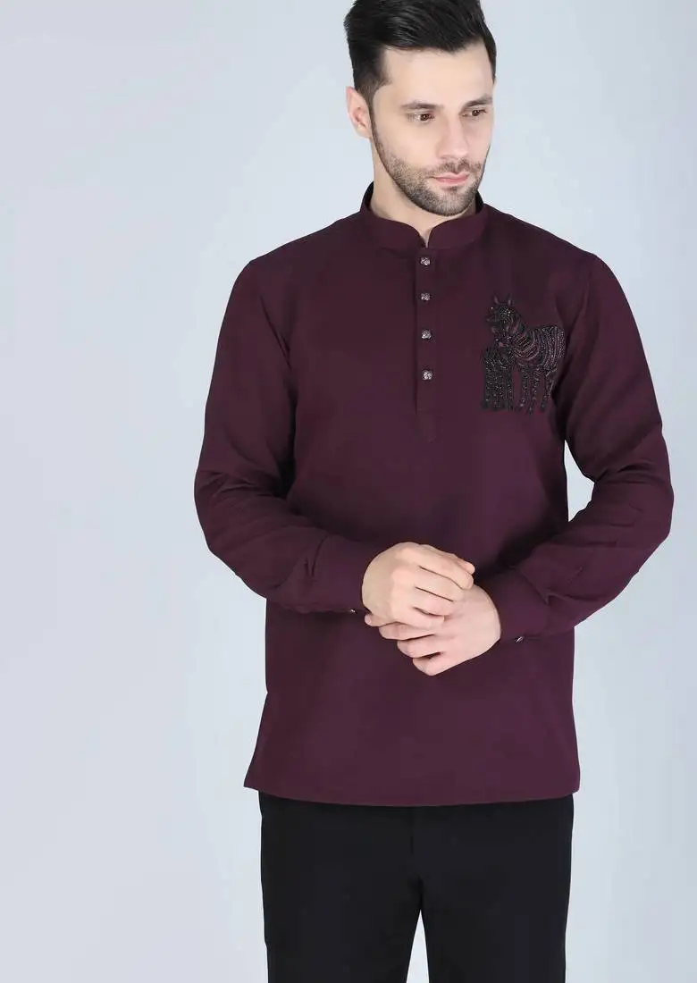 Purplish wine hand embroidered motif long sleeve shirt for men
