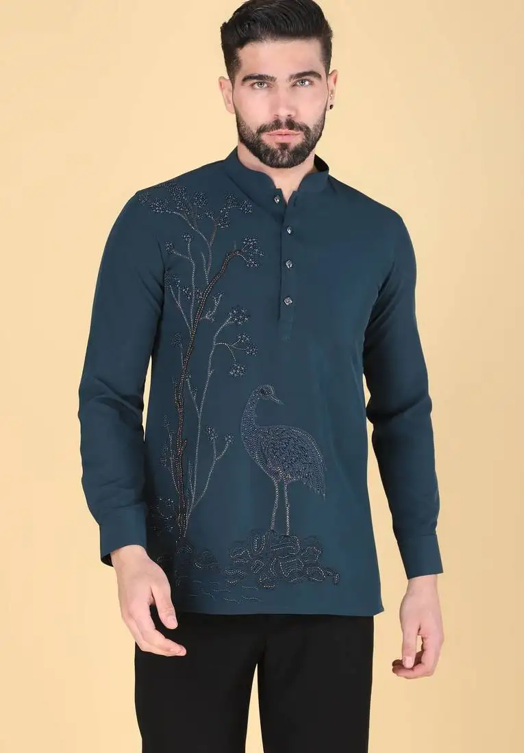 Teal blue hand embroidered long sleeve shirt for men