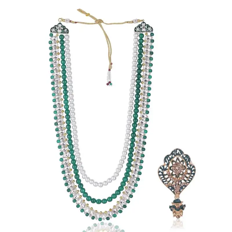 Layered moti necklace with antique brooch