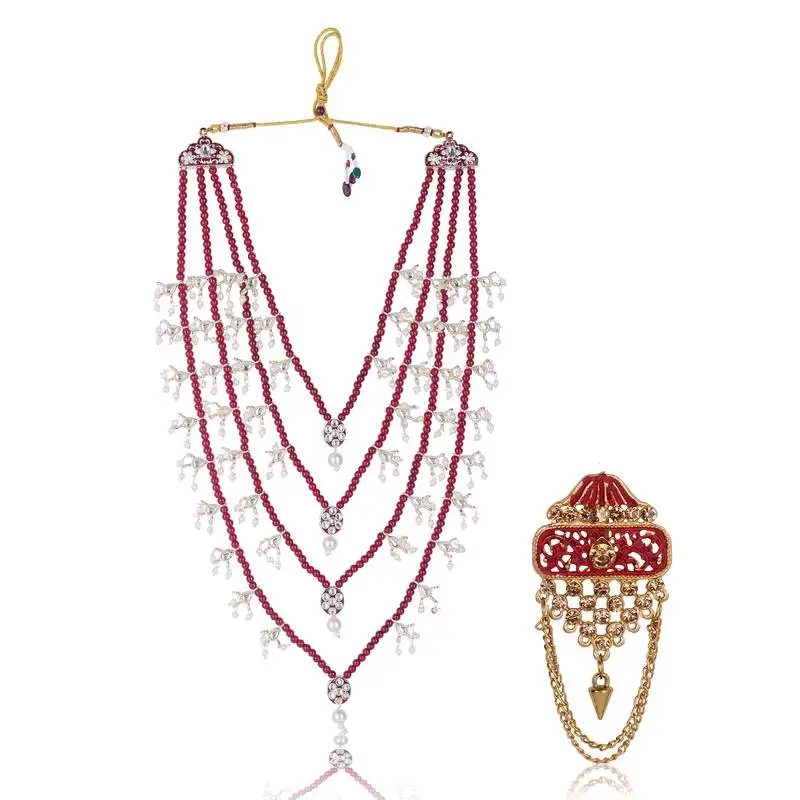 Layered pearl groom mala with gold-plated brooch   classic elegance