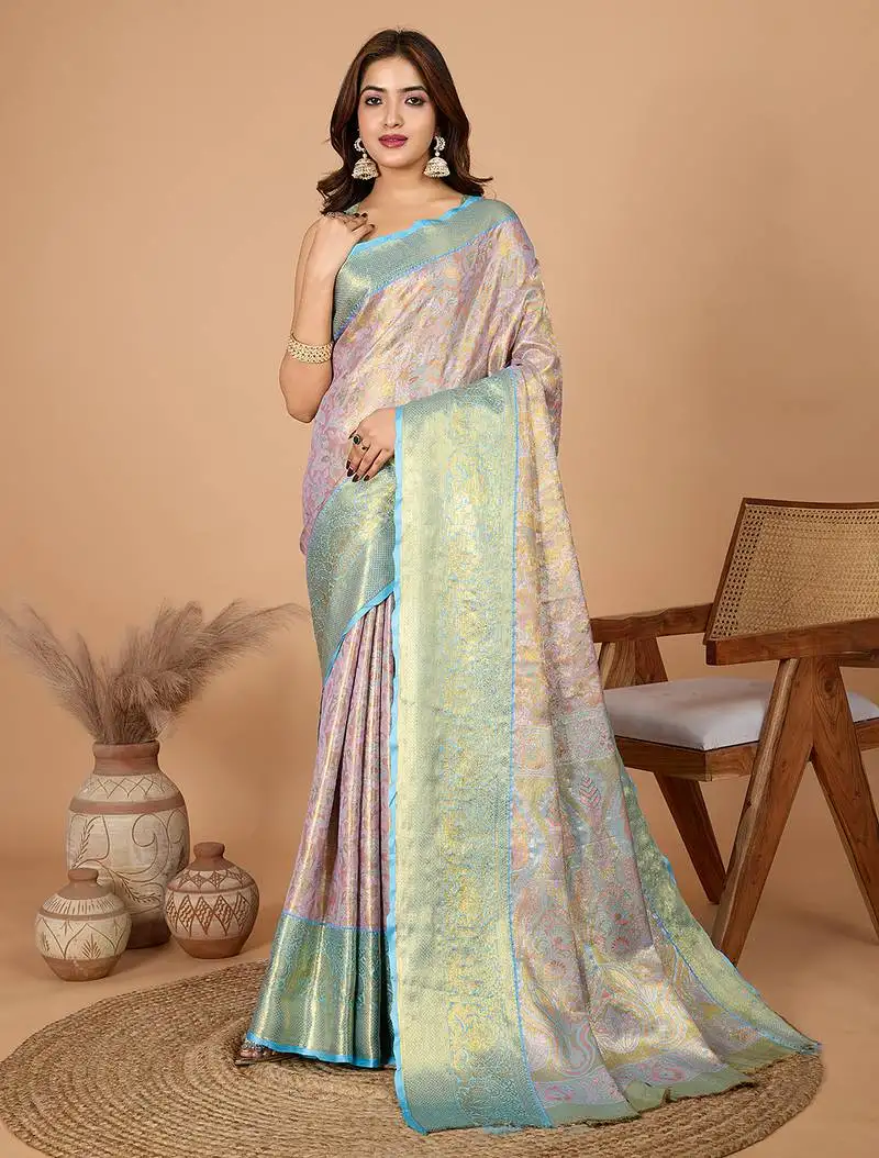 Baby pink woven banarasi design saree with blouse piece