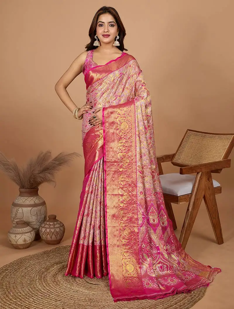 Rani pink woven banarasi design saree with blouse piece