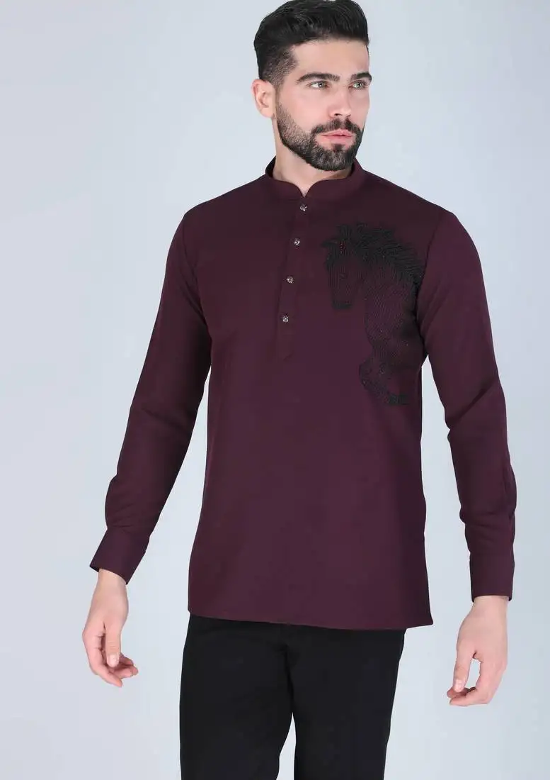 Purplish wine horse motif long sleeve shirt for men