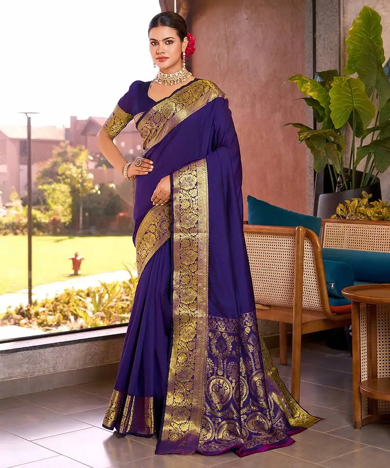 Violet woven kanchipuram style saree with blouse piece