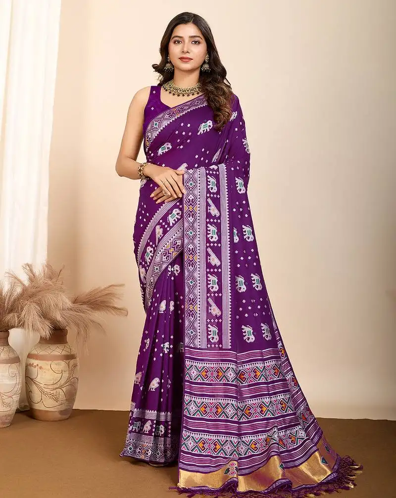 Purple woven patola saree with blouse piece