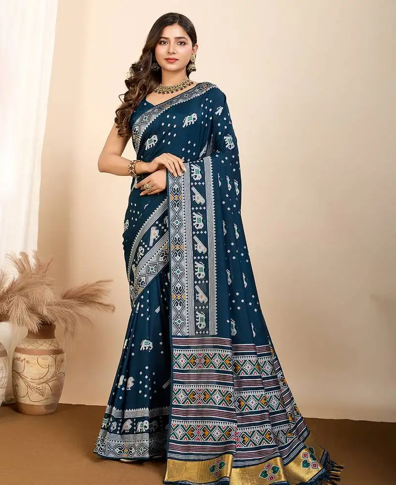 Teal woven patola saree with blouse piece