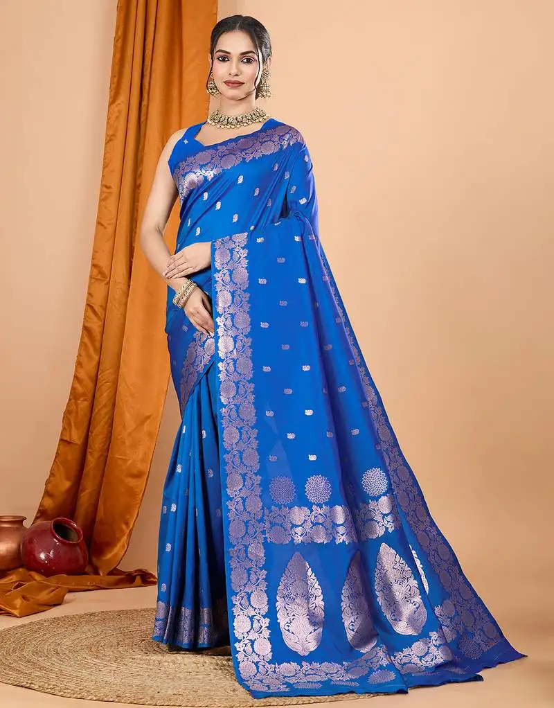 Blue woven banarasi design saree with blouse piece