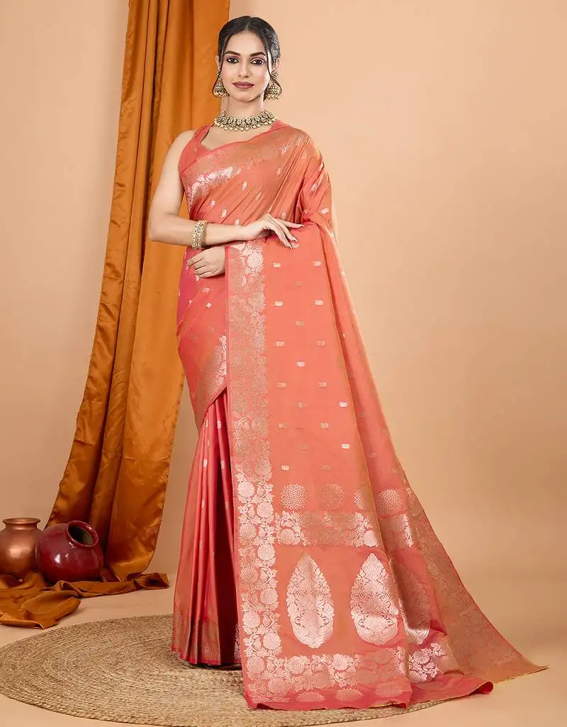 Salmon woven banarasi design saree with blouse piece