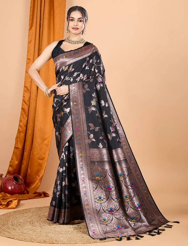 Black woven banarasi design saree with blouse piece