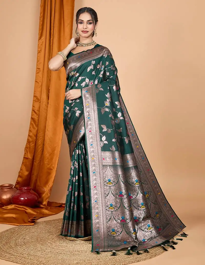 Dark green woven banarasi design saree with blouse piece