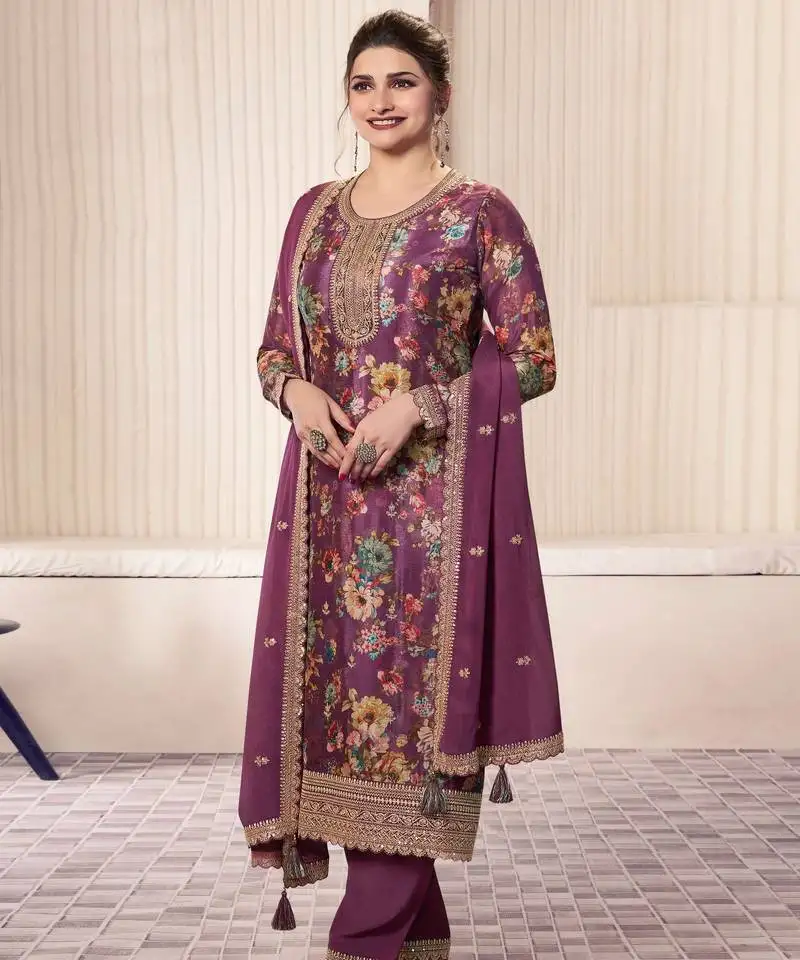 Wine embroidered chinon semi-pakistani salwar suit semi stitched