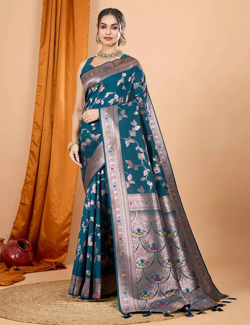 Teal woven banarasi design saree with blouse piece