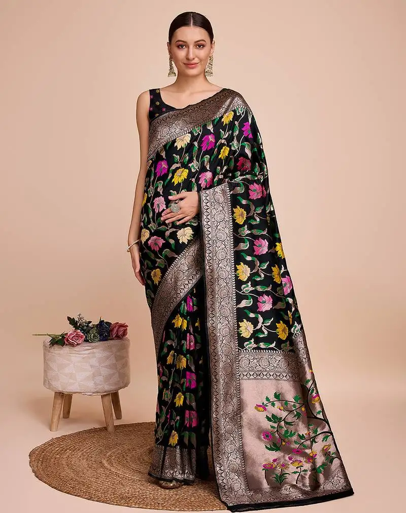 Black woven paithani style saree with blouse piece
