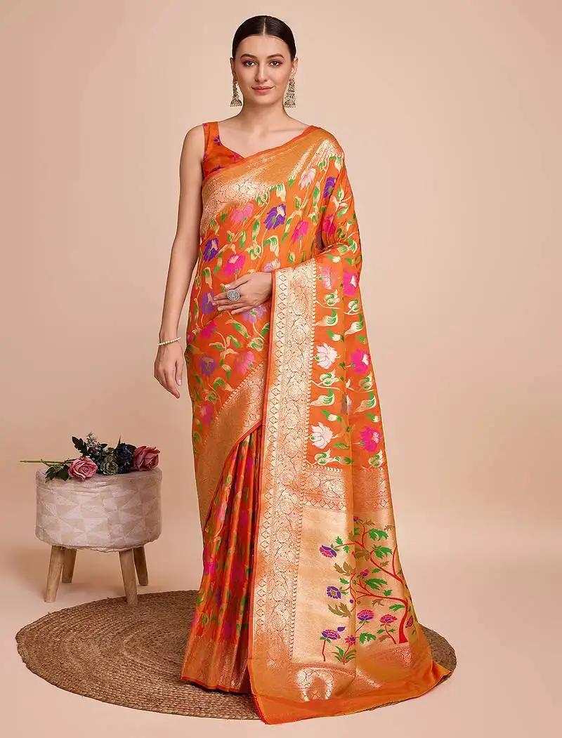Orange woven paithani style saree with blouse piece