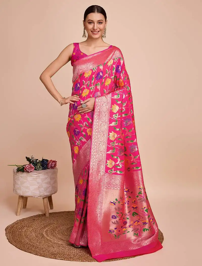 Pink woven paithani style saree with blouse piece