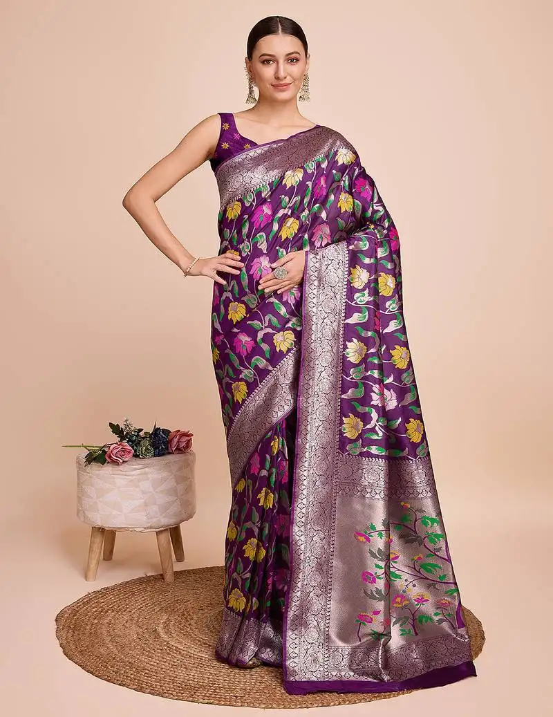 Purple woven paithani style saree with blouse piece
