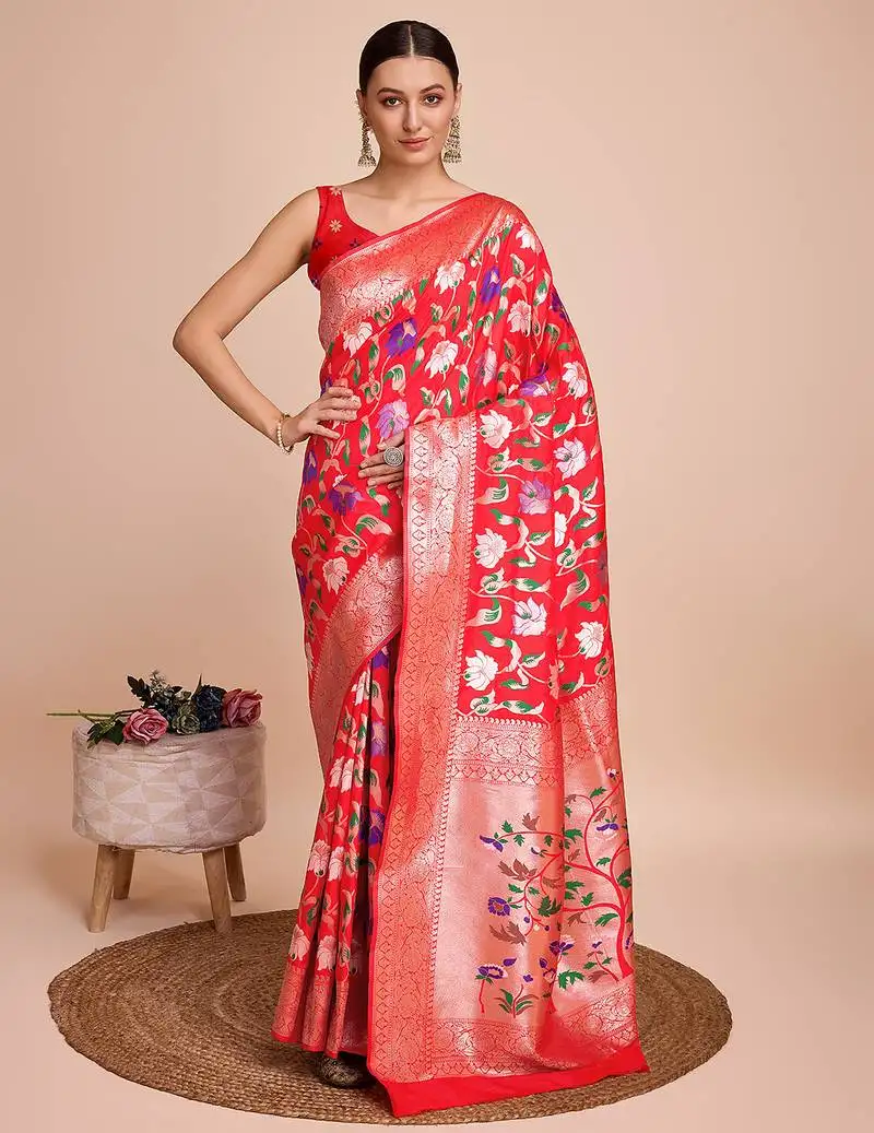 Red woven paithani style saree with blouse piece