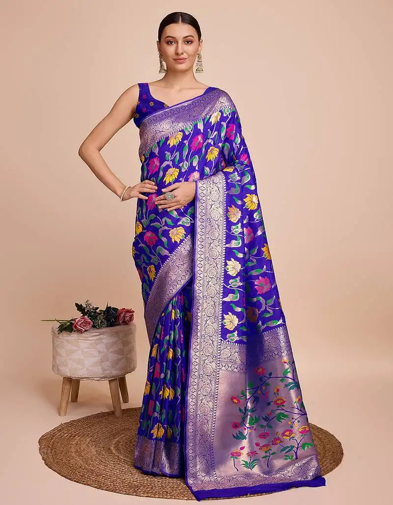 Royal blue woven paithani style saree with blouse piece