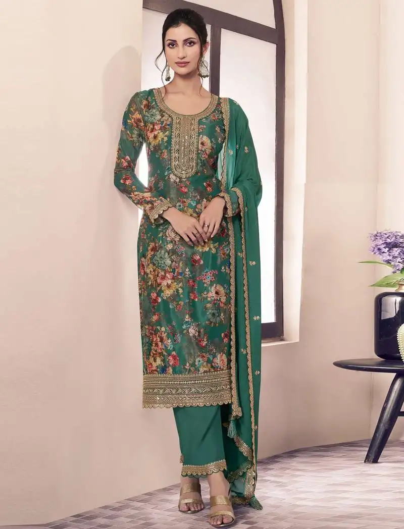 Green embroidered chinon semi-pakistani salwar suit semi stitched
