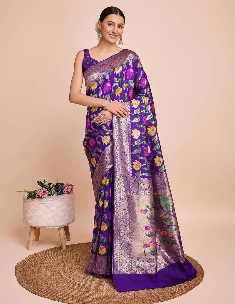 Violet woven paithani style saree with blouse piece