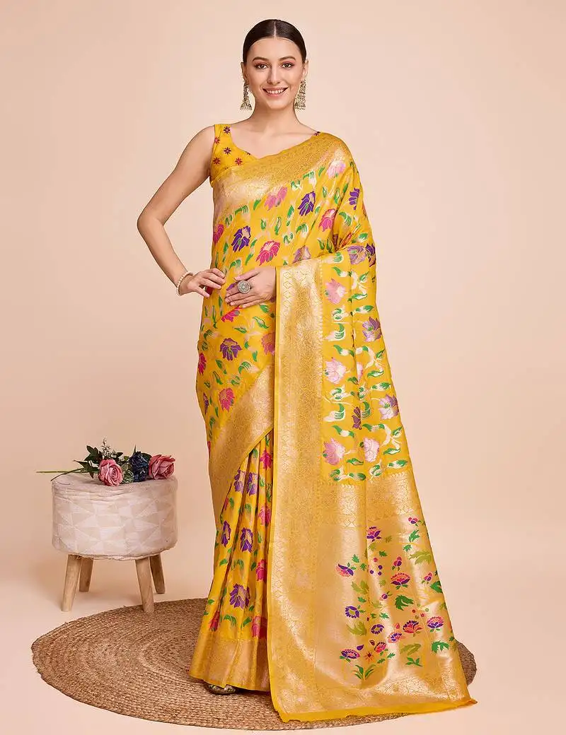 Yellow woven paithani style saree with blouse piece