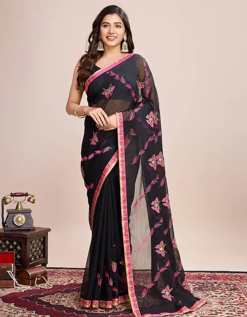 Pink embroidered georgette saree with blouse piece