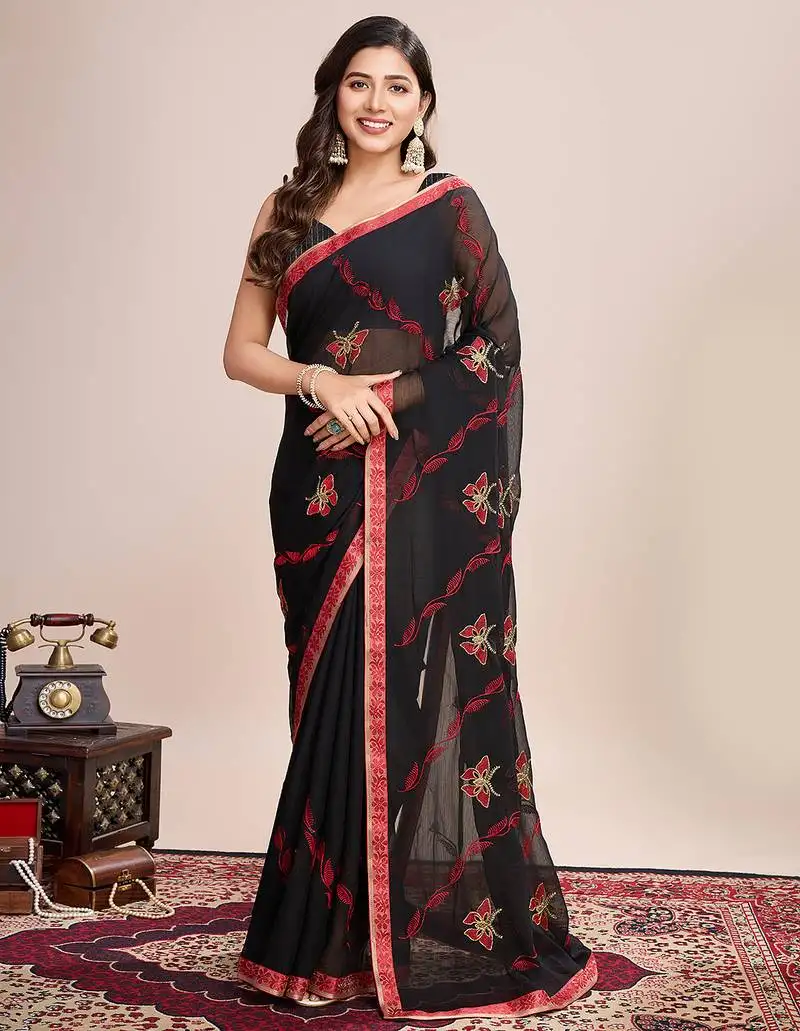 Red embroidered georgette saree with blouse piece