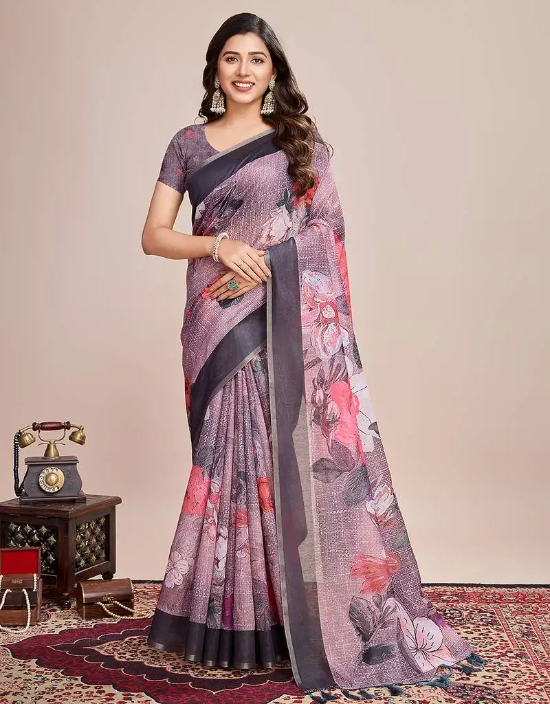 Multicolor printed linen saree with blouse piece