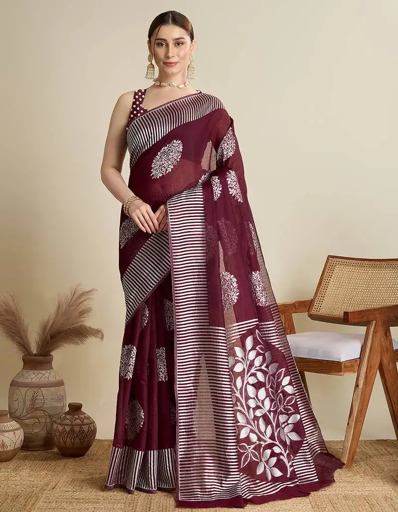 Maroon woven cotton silk jacquard saree with blouse piece