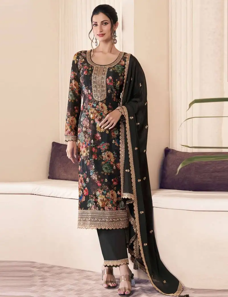 Black embroidered chinon semi-pakistani salwar suit semi stitched