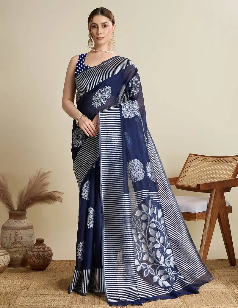 Navy blue woven cotton silk jacquard saree with blouse piece