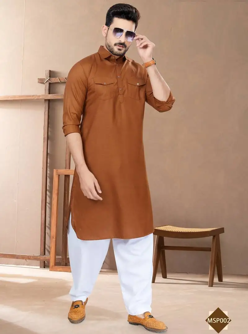 Dark brown cotton plain pathani suits for mens wear