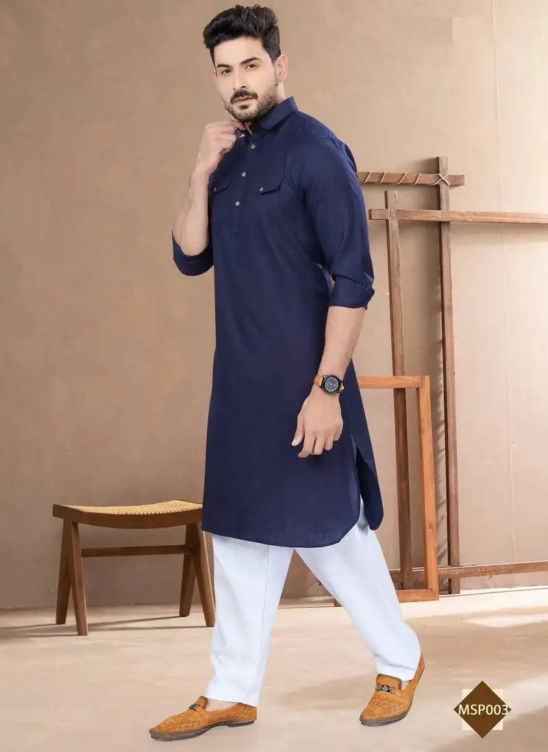 Navy blue brown cotton plain pathani suits for mens wear