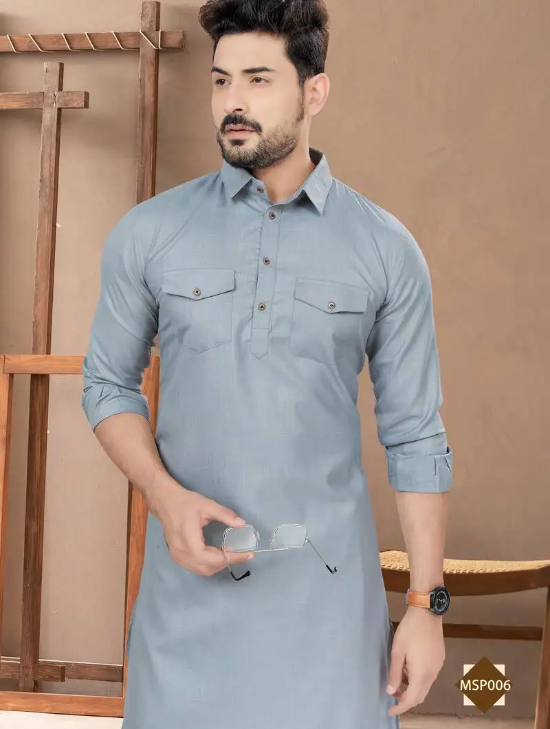 Grey cotton plain pathani suits for mens wear