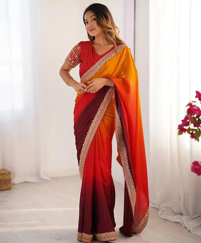 Orange solid chinon saree comes with matching blouse