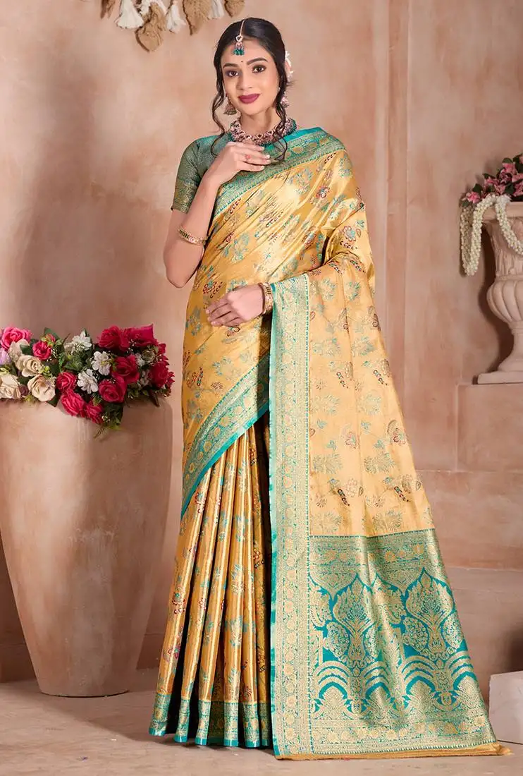 Blue traditional prints art silk woven saree comes with matching blouse