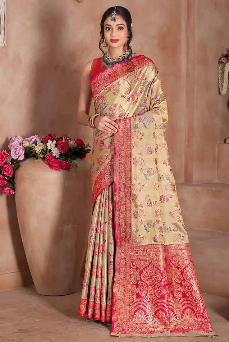 Pink traditional prints art silk woven saree comes with matching blouse