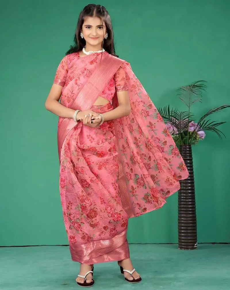 Pink organza printed pre stitched saree with stitched blouse for girls
