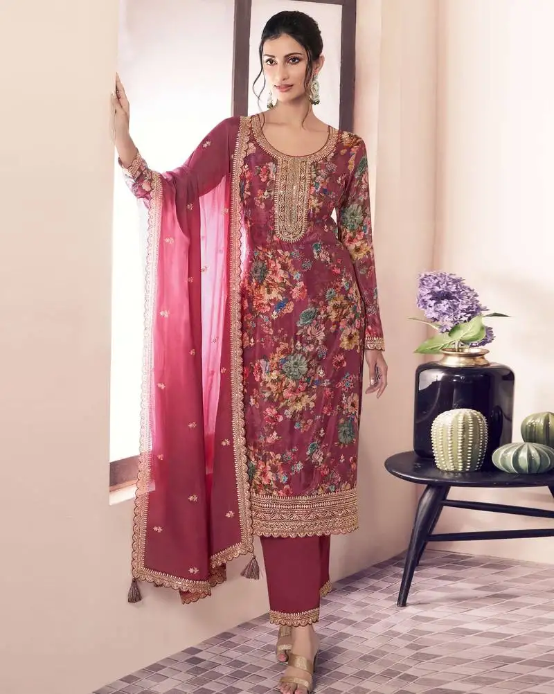 Red embroidered chinon semi-pakistani salwar suit semi stitched