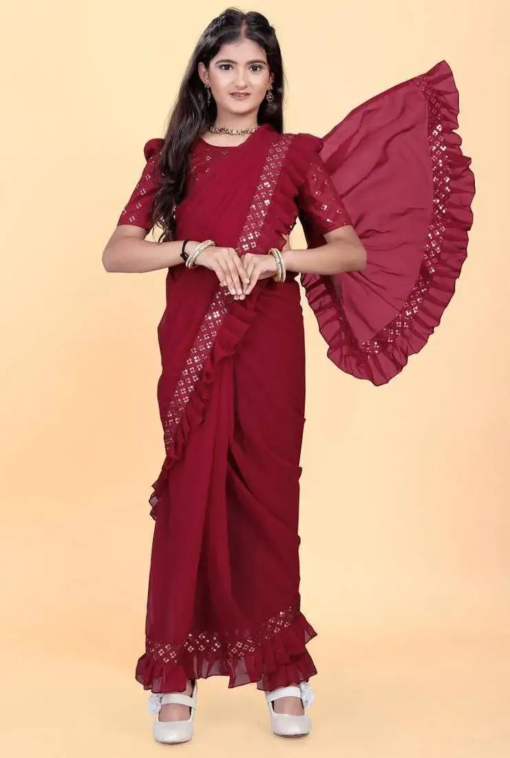 Red silk embroidered pre stitched saree with stitched blouse for girls