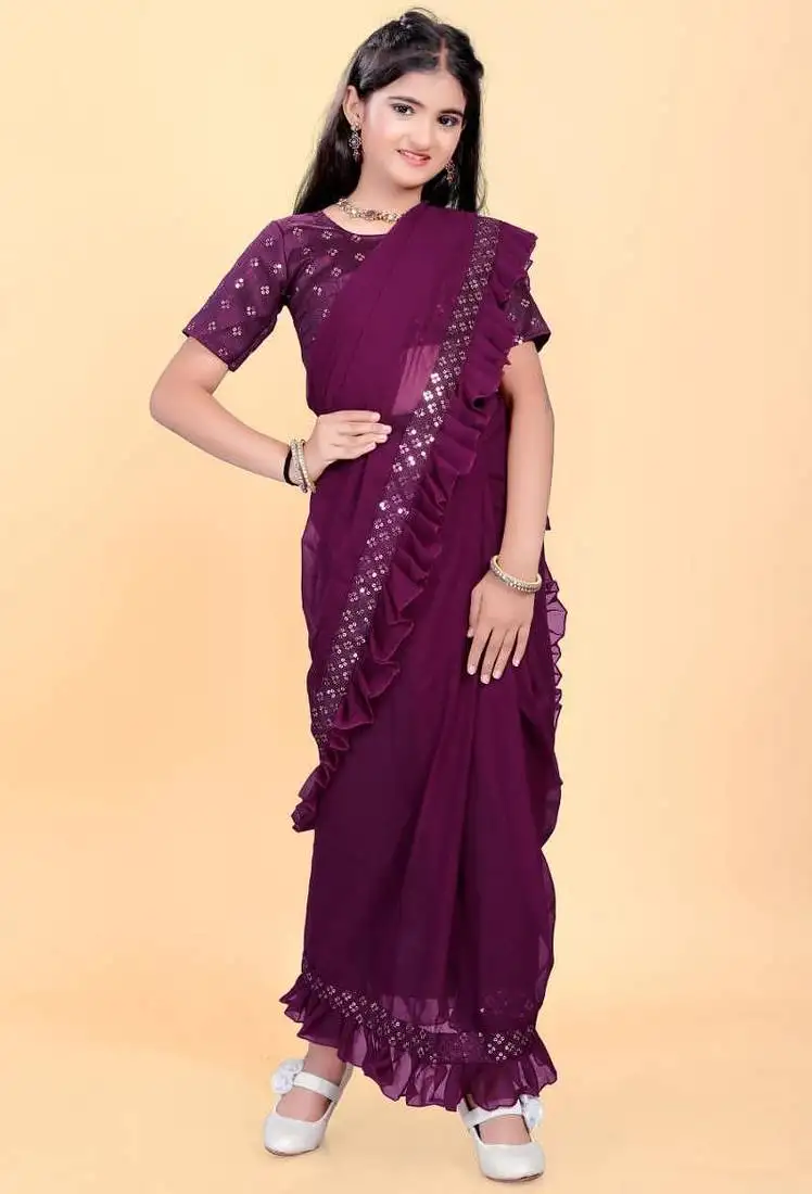 Purple silk embroidered pre stitched saree with stitched blouse for girls