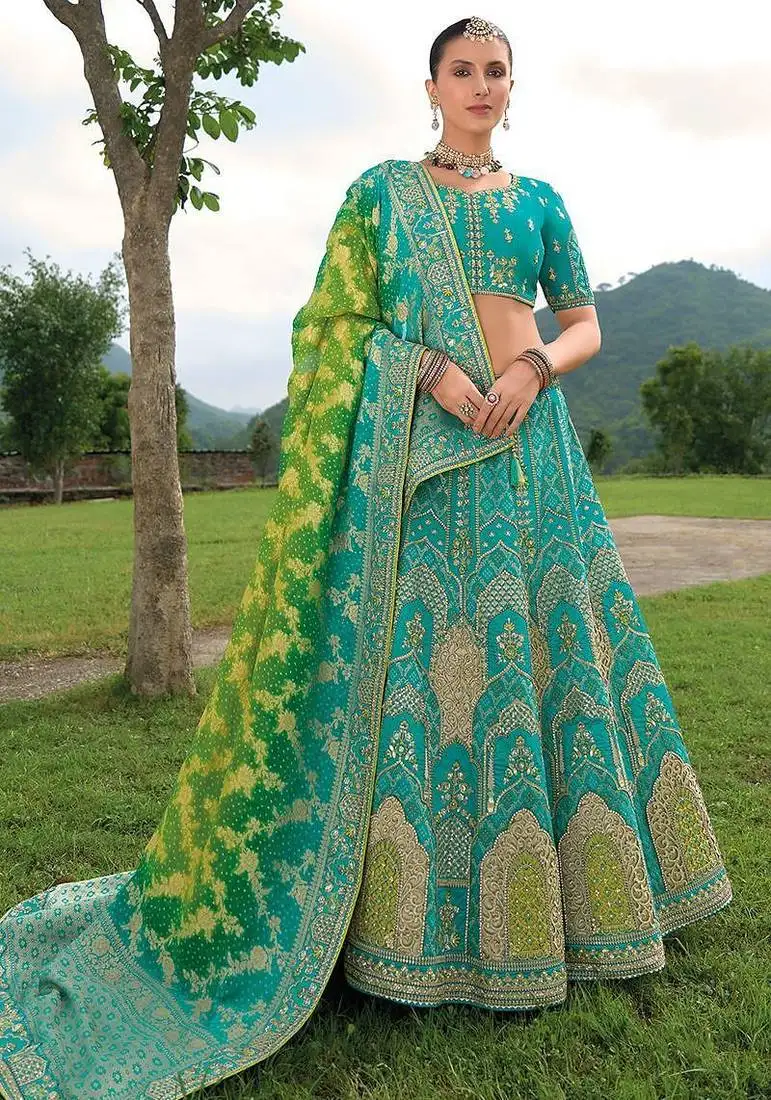 Turquoise silk bridal wear khatli work readymade lehenga choli
