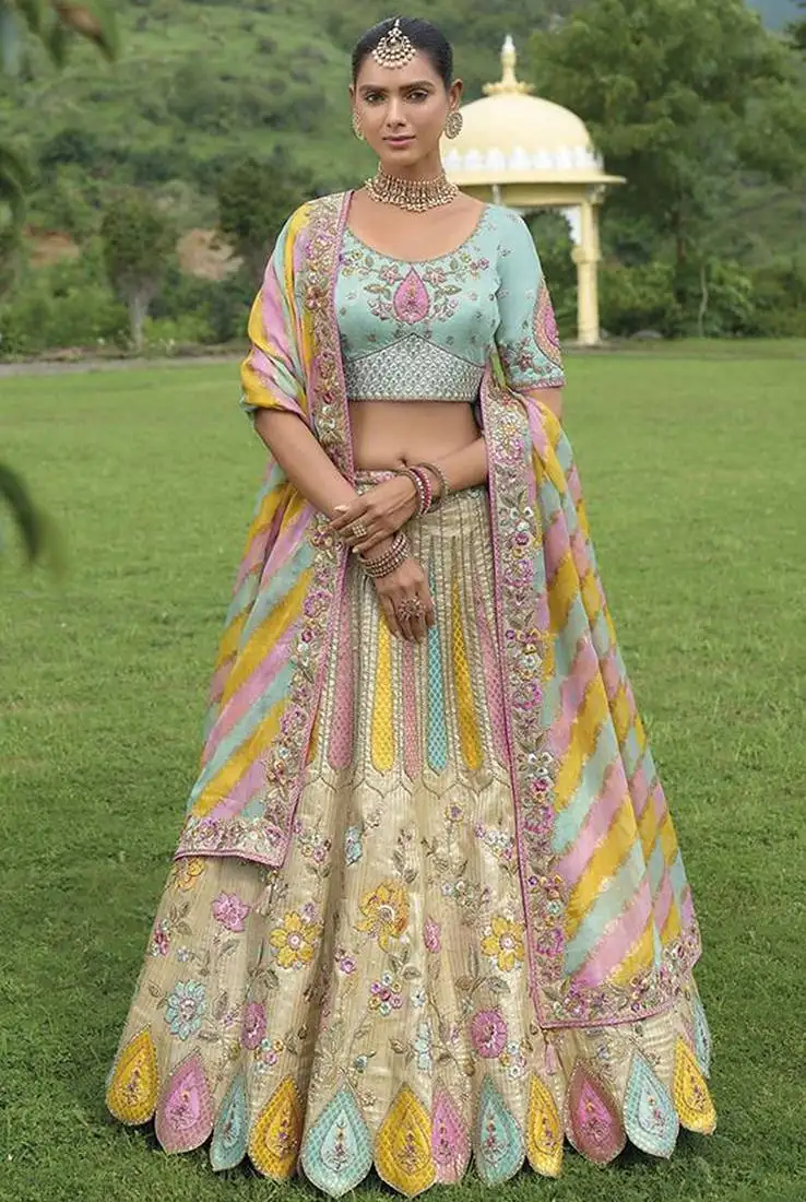 Cream and sky blue silk bridal wear khatli work readymade lehenga choli