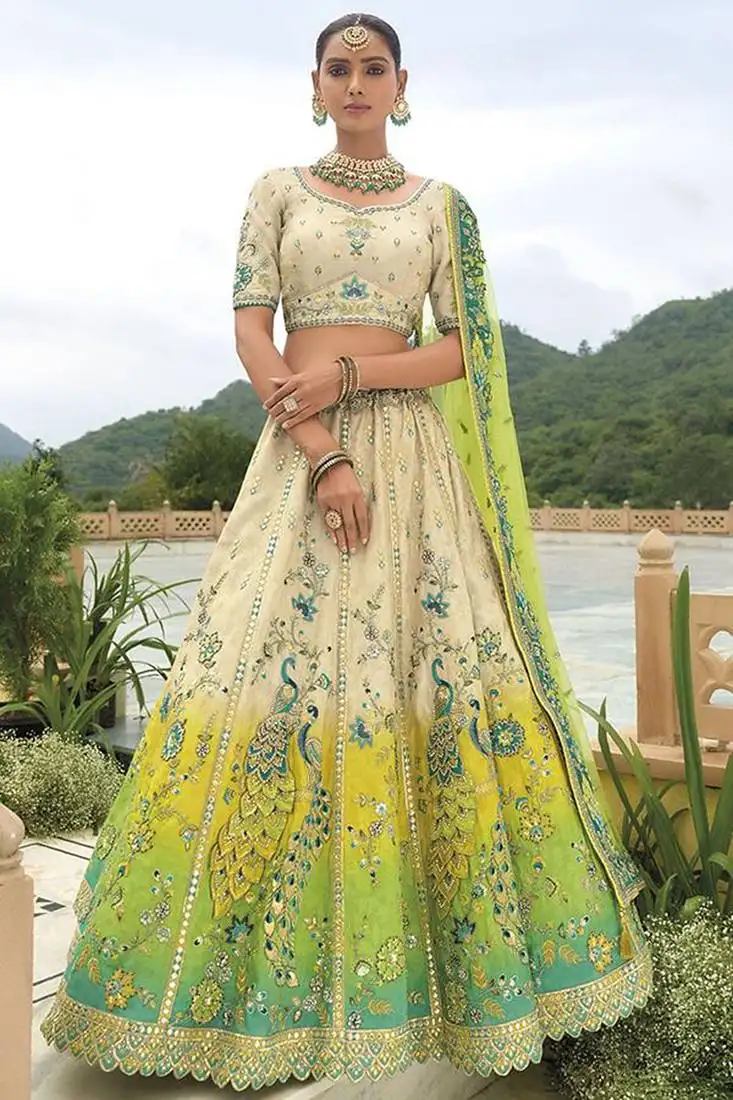 Cream and green silk bridal wear khatli work readymade lehenga choli