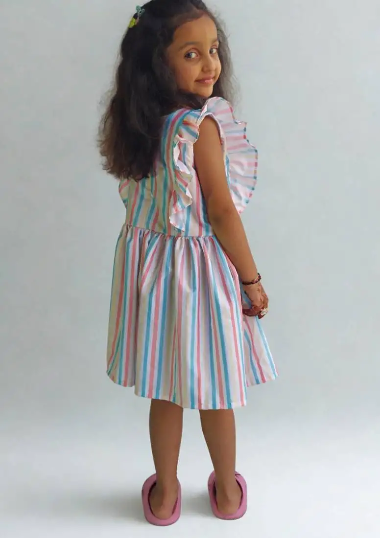 Multicolor rayon printed stripes print dress for girls