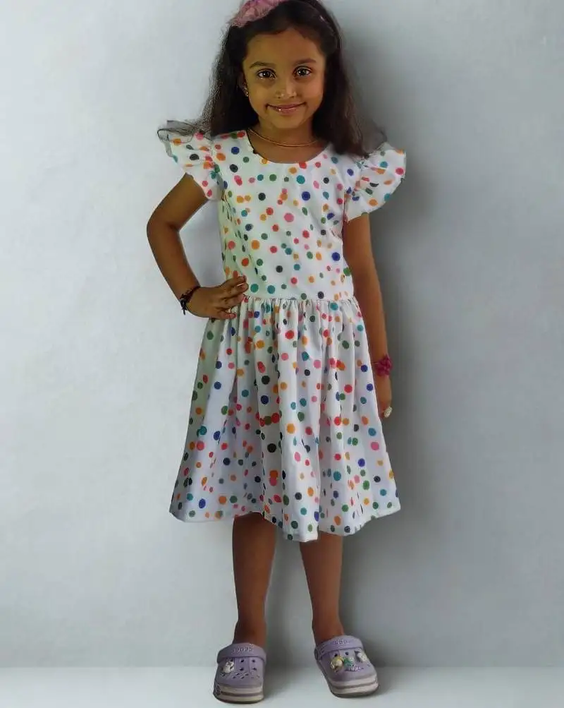 Multicolor rayon printed dots print dress for girls