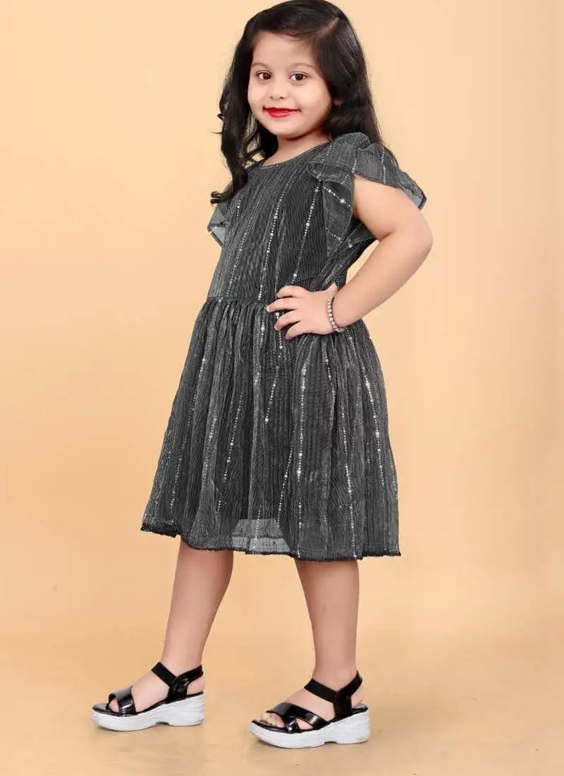 Grey super net embroidered sequins work dress for girls