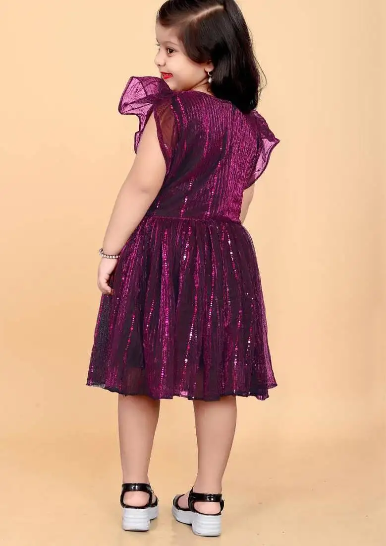 Purple super net embroidered sequins work dress for girls