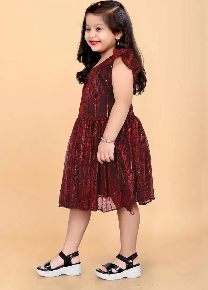 Maroon super net embroidered sequins work dress for girls